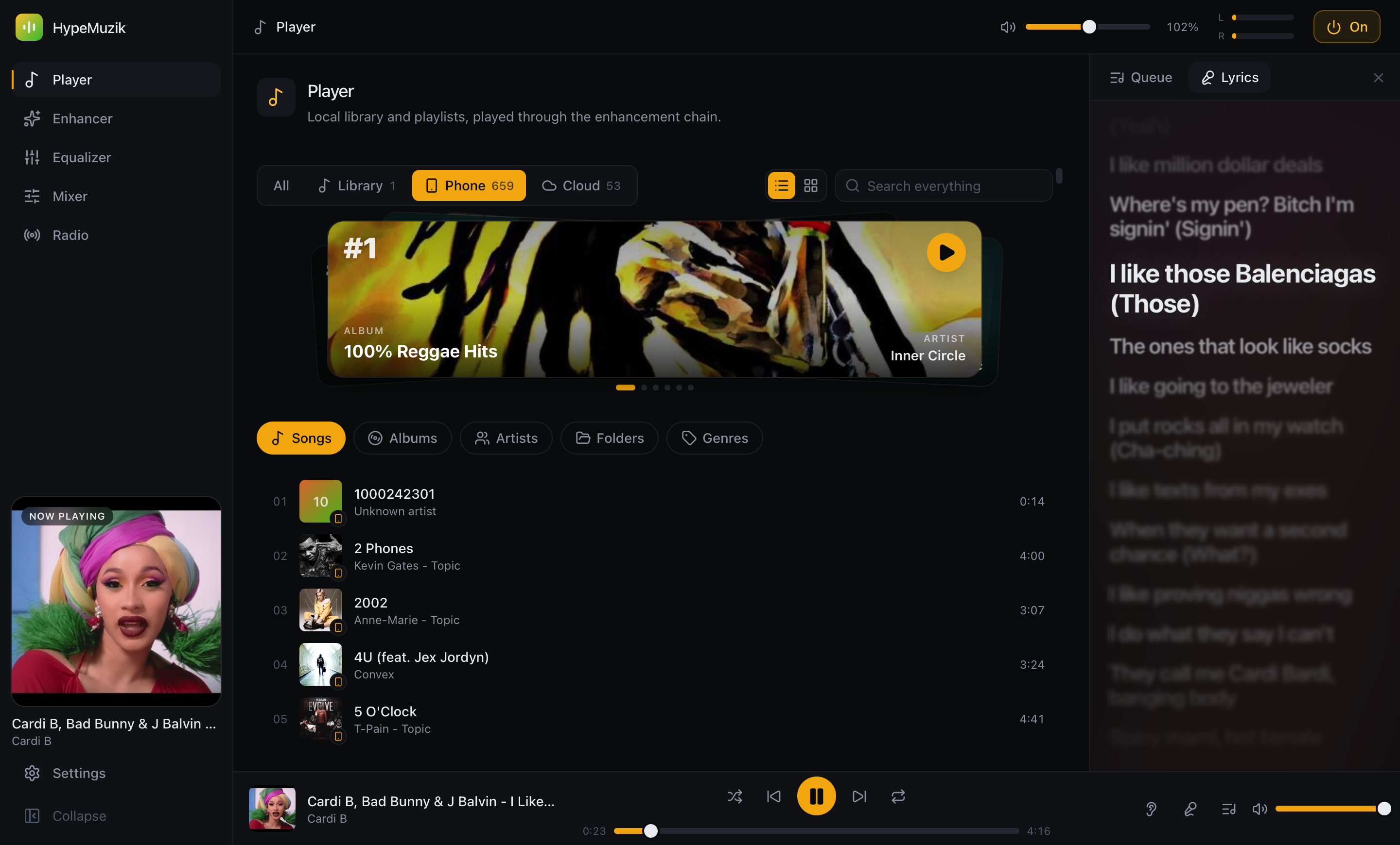 HypeMuzik desktop app — player, library and now-playing